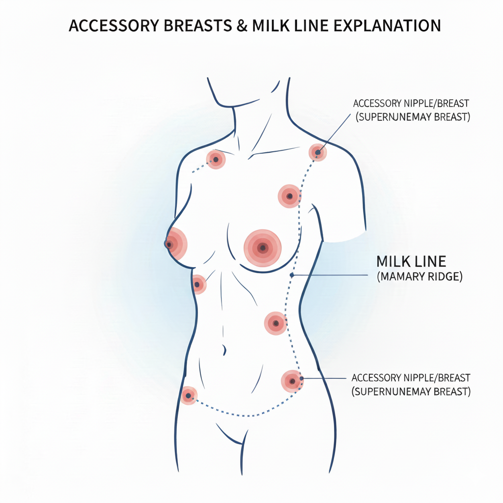 副乳は、胎児期に存在する「ミルクライン（乳腺ができるライン）」上に乳腺組織が残ることで生じます。脇の下に多いですが、ライン上のさまざまな位置に現れる可能性があります。